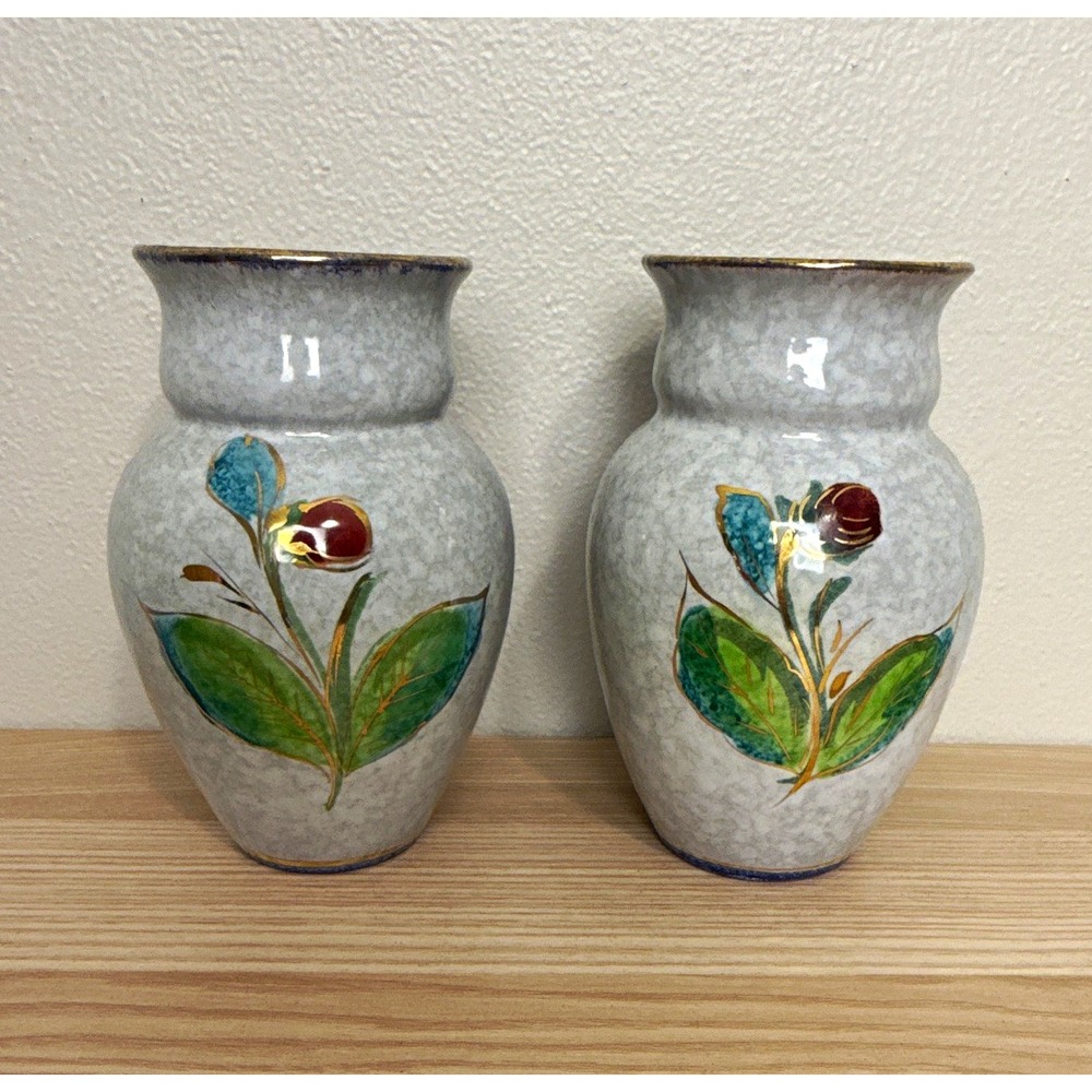 Pair Hand Painted Floral Ceramic Vases Gray Art Pottery Glossy Italy